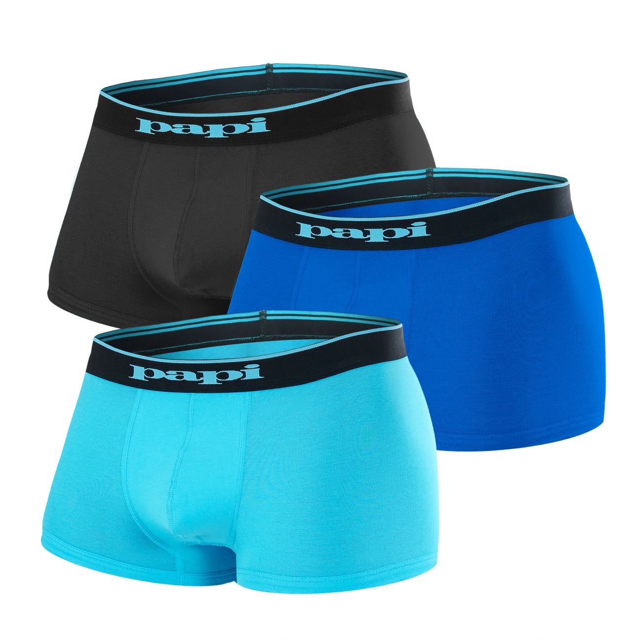 papi Stylish Brazilian Solid and Print Trunks 3-Pack of Men's Underwear,  Black/Turquoise, Small